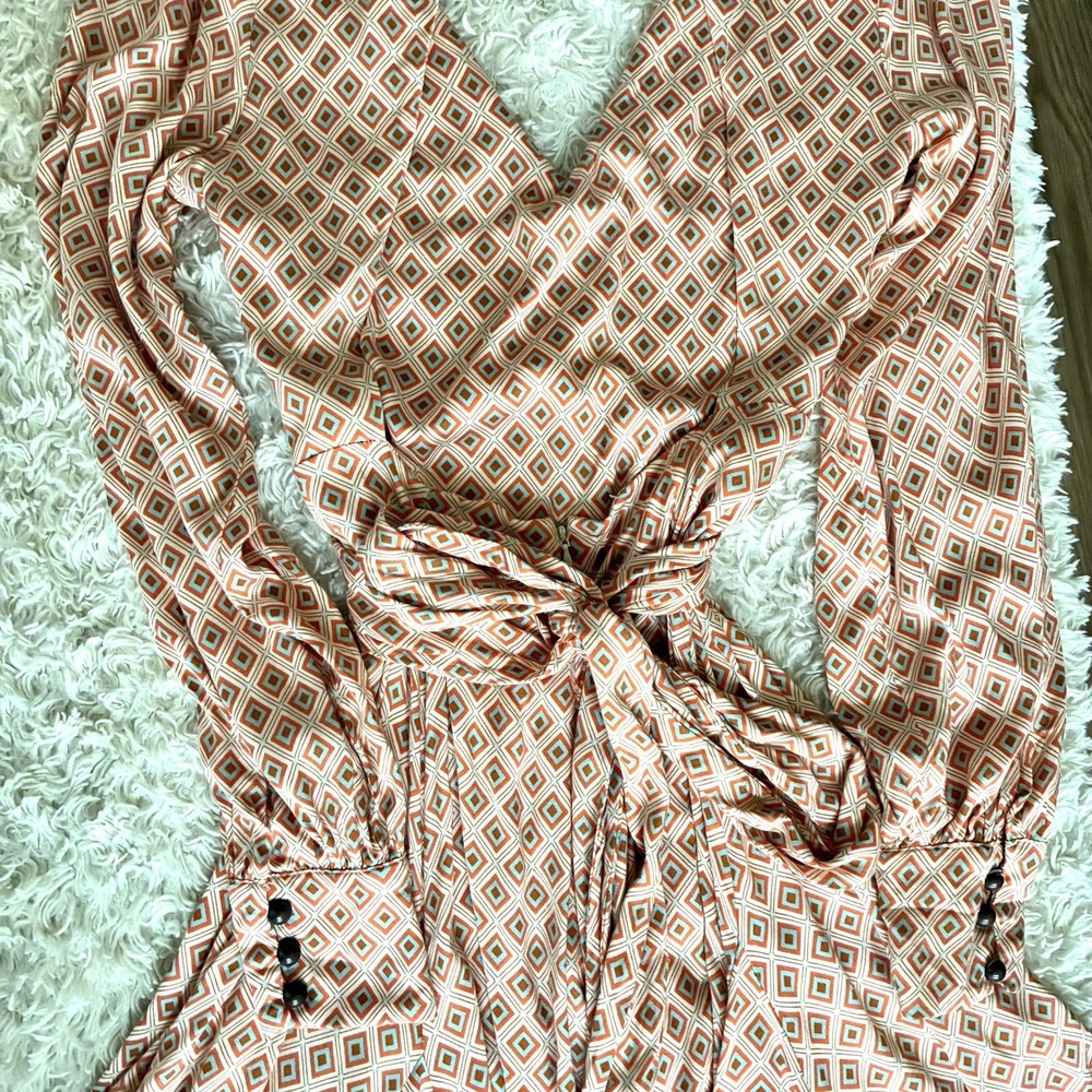 Free People Womens Sz S Ivory Orange Teal Geo Wrap Mini Dress Open Back NWT - Picture 13 of 15